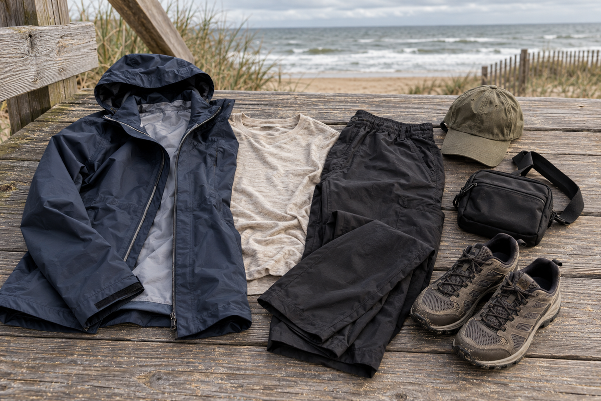 Navy shell, neutral tee, dark trousers and walking shoes by the coast