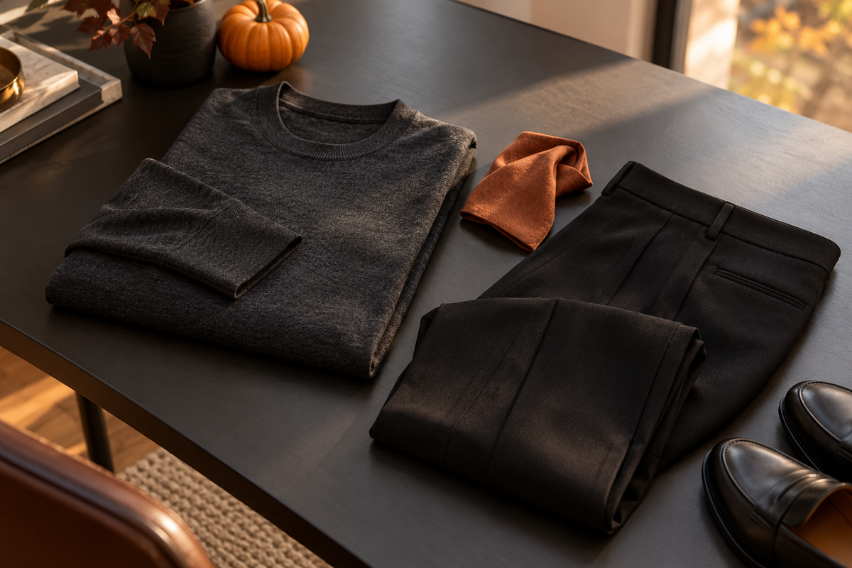 Charcoal top, black trousers and a rust accent arranged as a subtle office Halloween outfit
