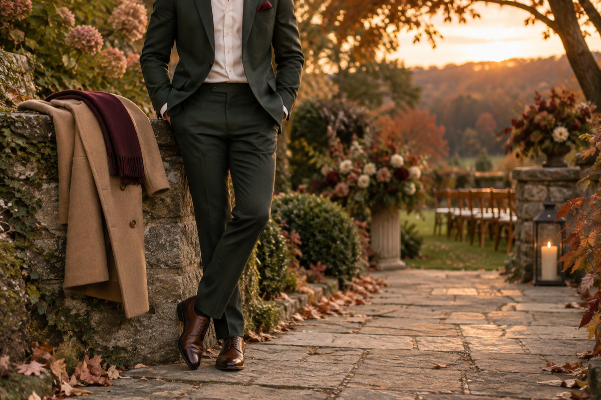 Guest in a forest green suit with a camel coat at an outdoor autumn wedding
