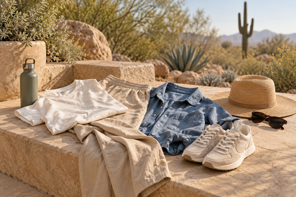 Light layers, walking shoes, a sun hat and water bottle arranged for an October trip to Phoenix