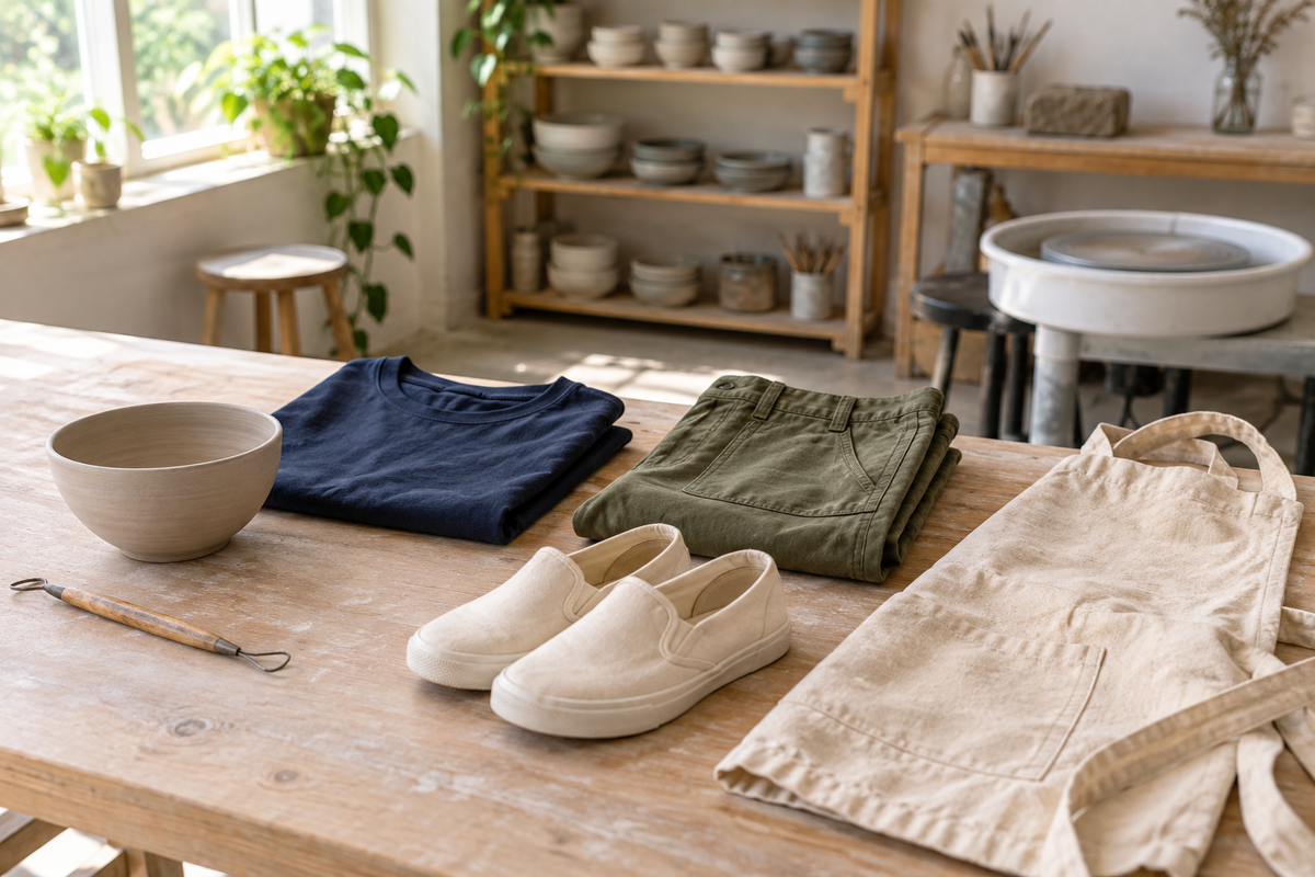 Cotton shirt, work trousers, apron and closed toe shoes arranged on a pottery studio table