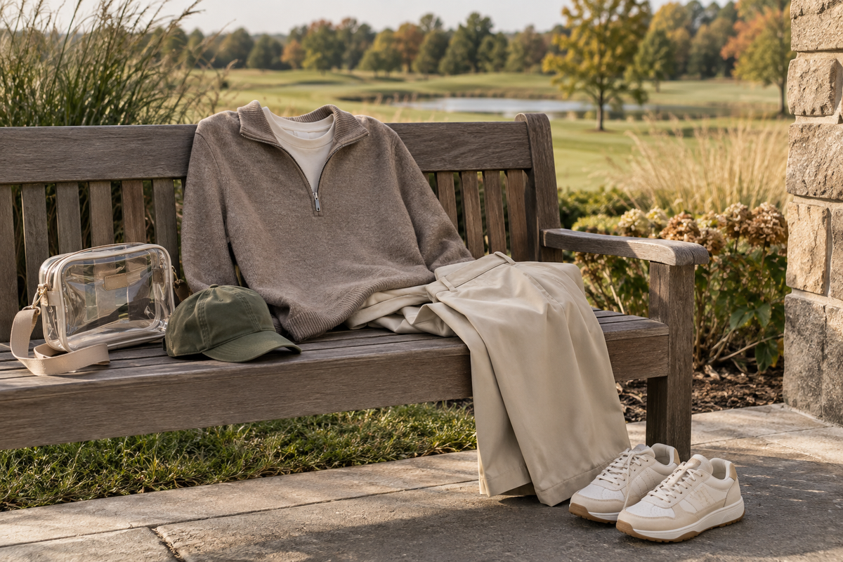 Neutral quarter zip, trousers, walking sneakers, cap and clear bag by a golf course