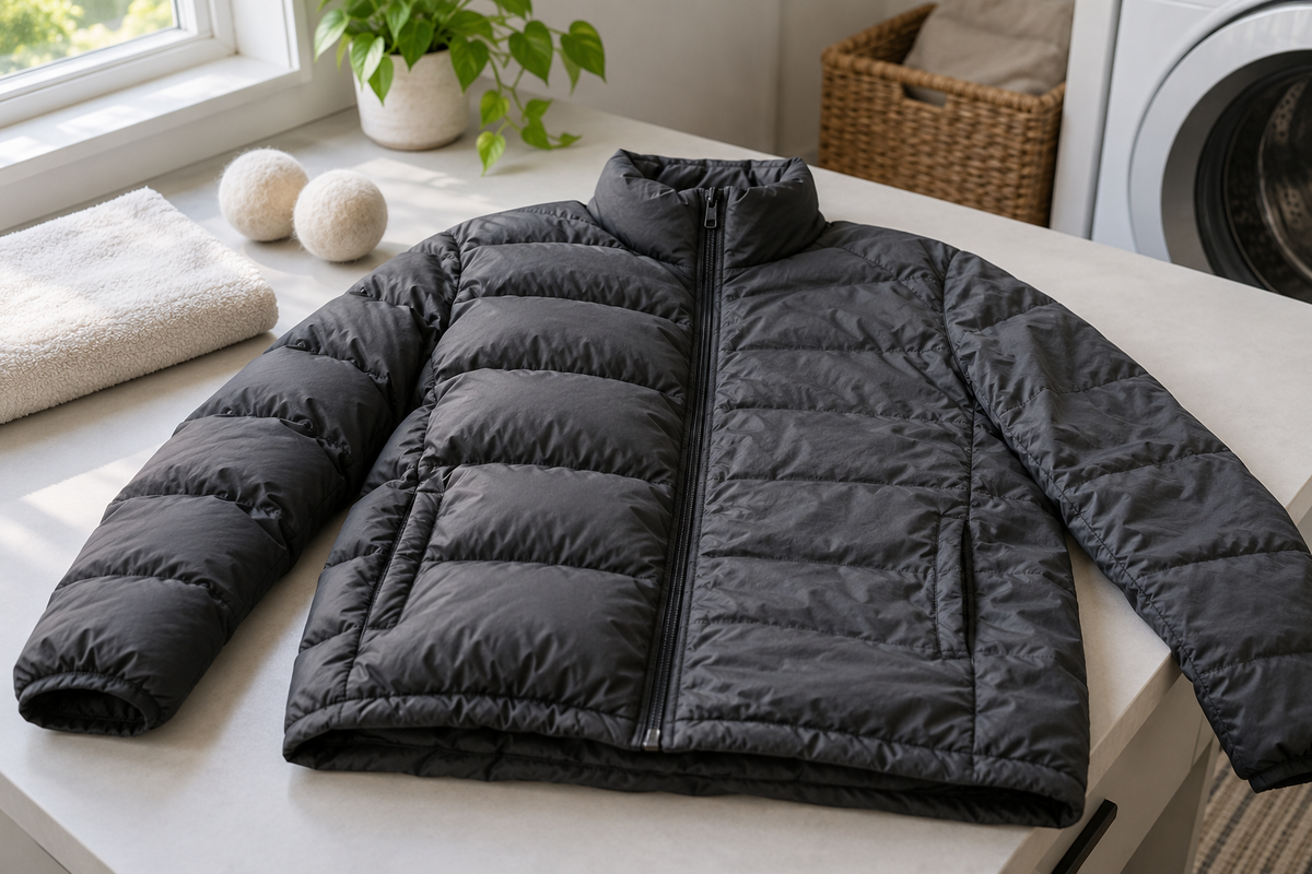 Charcoal puffer jacket laid on a laundry table beside a towel and dryer balls