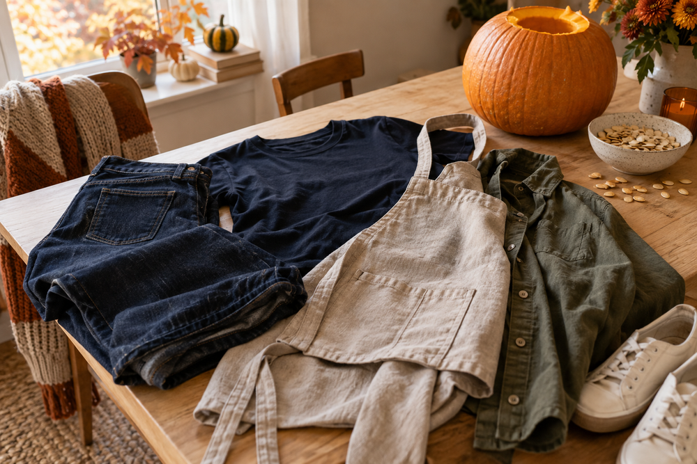 Dark tee, denim, apron and light overshirt arranged beside a pumpkin for a carving party