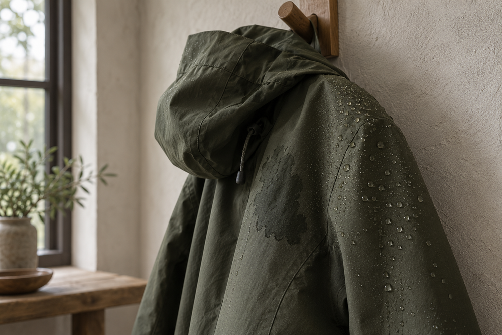 Dark olive rain jacket with beaded droplets beside a darkened patch of wet outer fabric