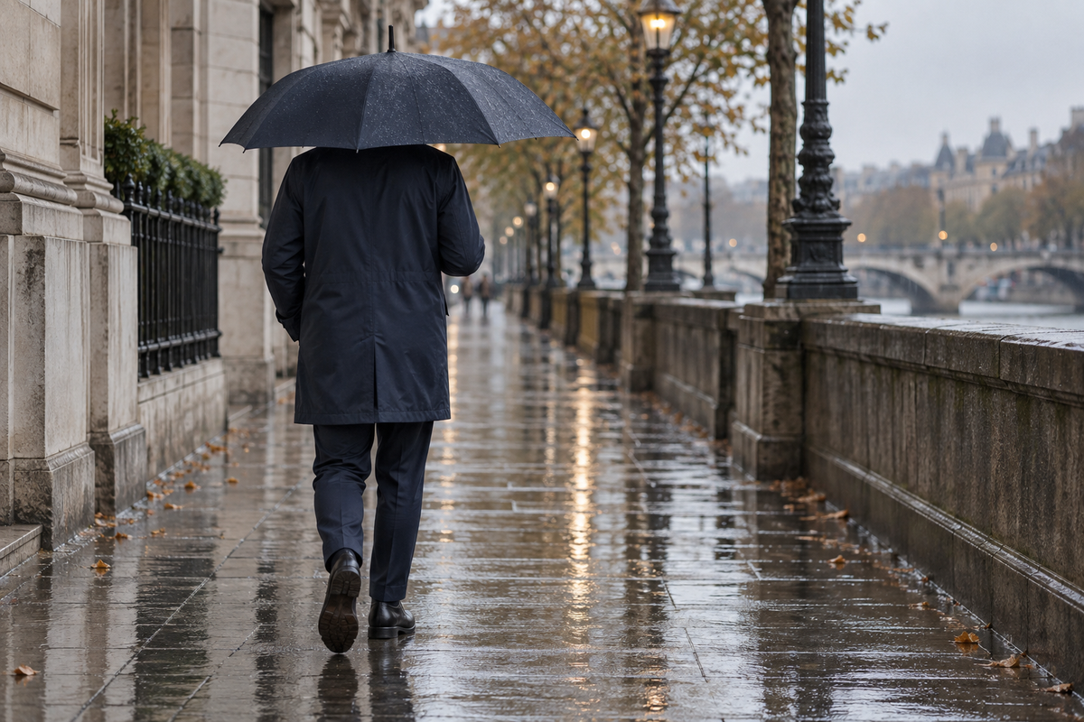 Person in a dark rain coat and neat trousers walking with an umbrella on a wet city pavement