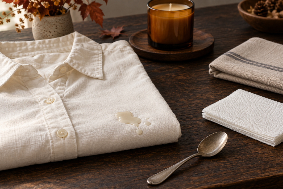 Cream cotton shirt with cooled candle wax and simple removal tools