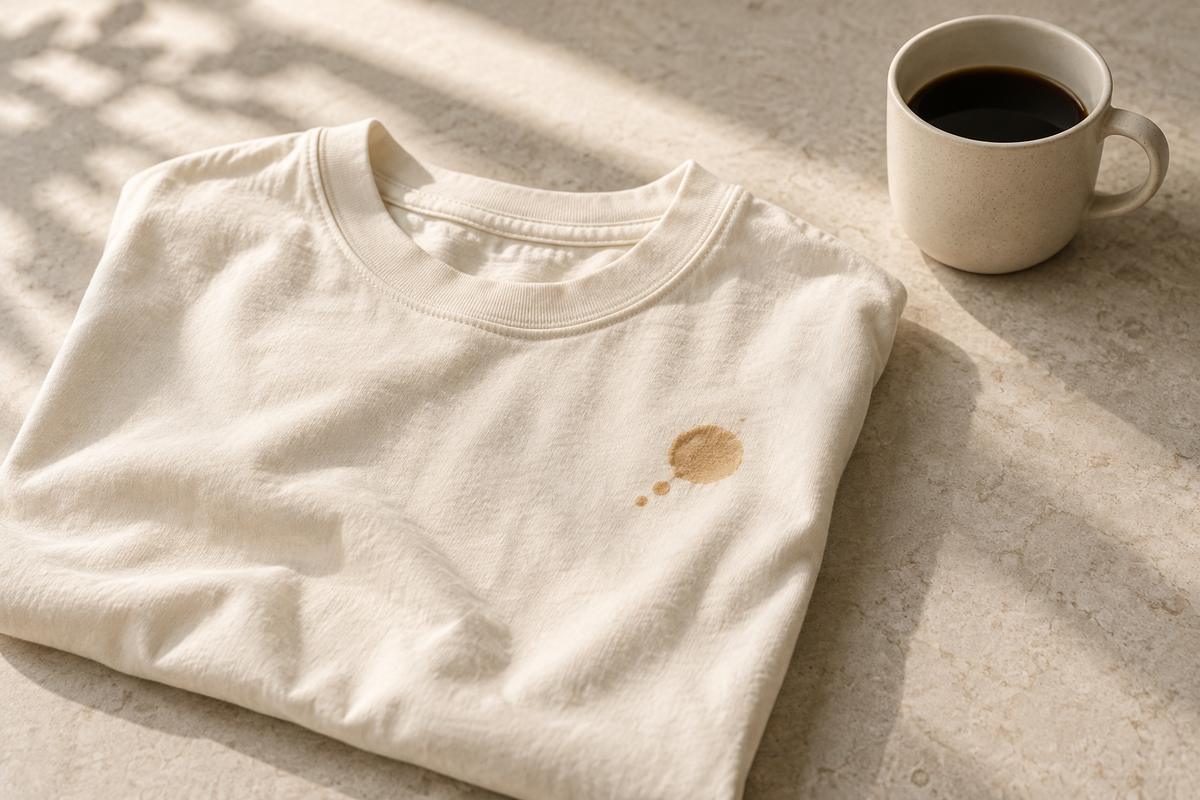 Coffee stain on a cream cotton T shirt beside a plain ceramic cup