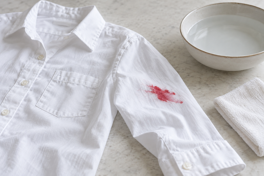 A small red costume makeup stain on a white cotton shirt beside a bowl of water and a clean cloth