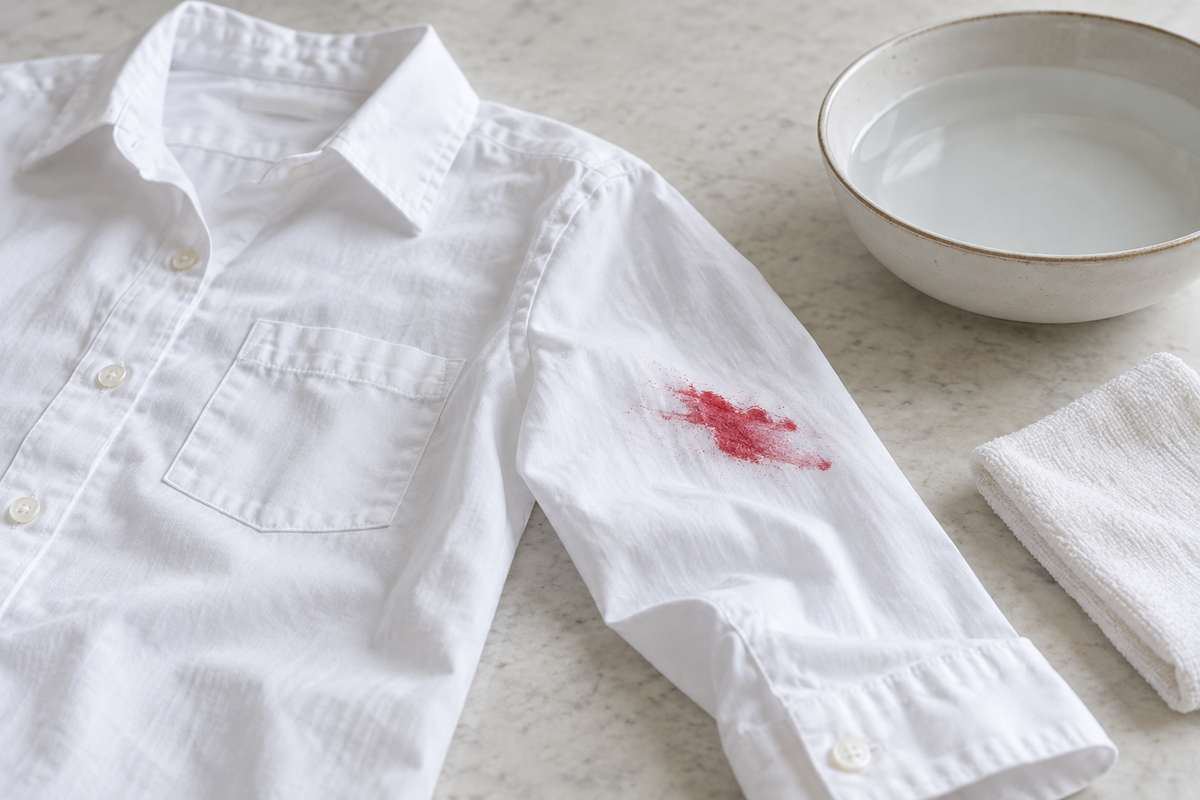 A small red costume makeup stain on a white cotton shirt beside a bowl of water and a clean cloth