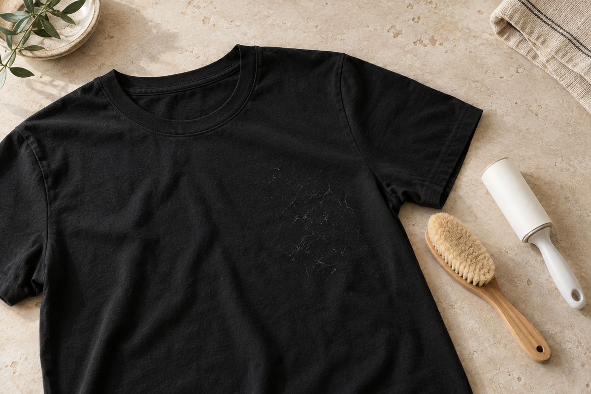 Black cotton tee on a stone surface beside a soft clothes brush and lint roller