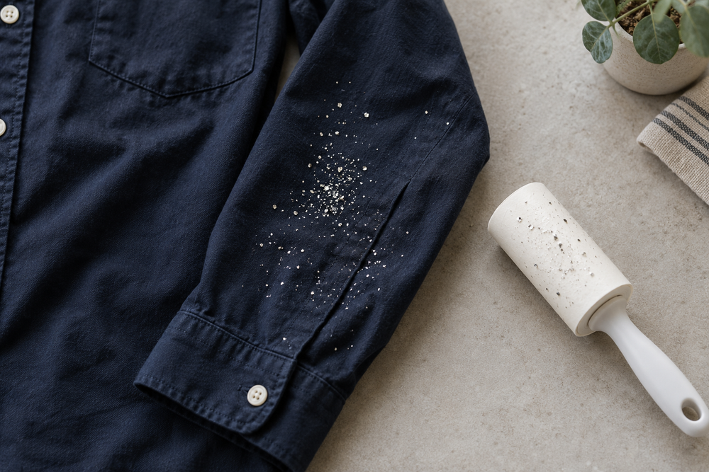 Loose silver glitter on a navy cotton sleeve beside a lint roller