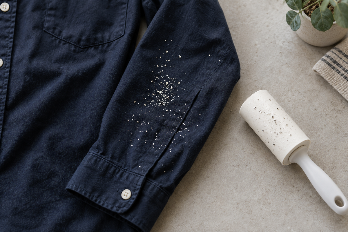 Loose silver glitter on a navy cotton sleeve beside a lint roller