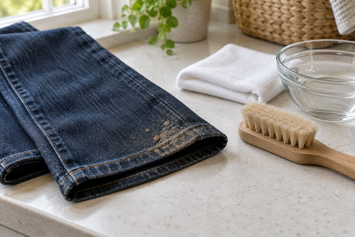 Dried mud on the hem of dark jeans beside a soft brush and cleaning cloth