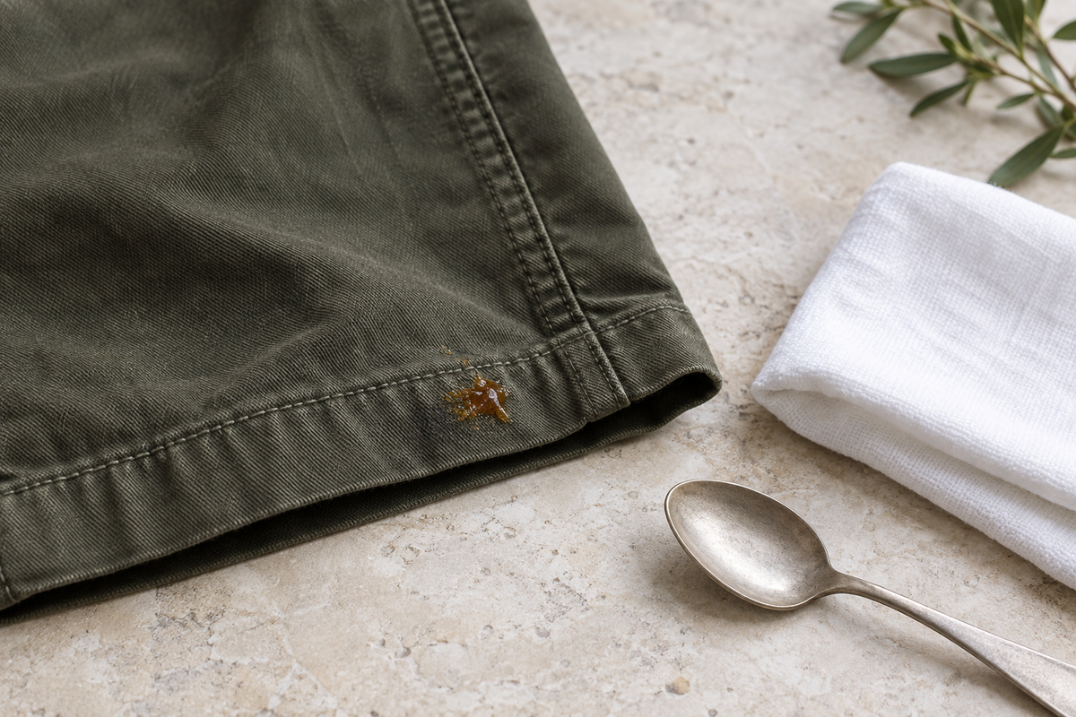 Tree sap on the hem of olive cotton trousers beside a clean cloth and spoon