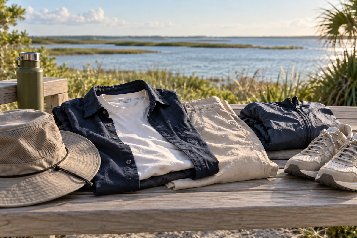 Light tee, navy overshirt, stone trousers, hat and walking shoes beside coastal water