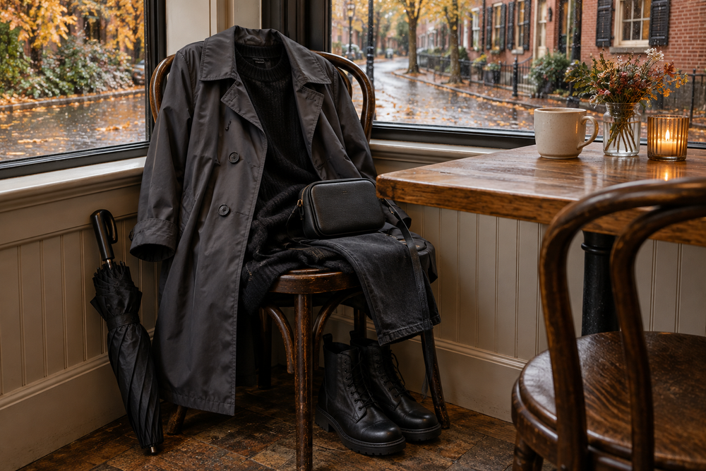 Dark layered walking outfit and umbrella beside a window on a rainy autumn street