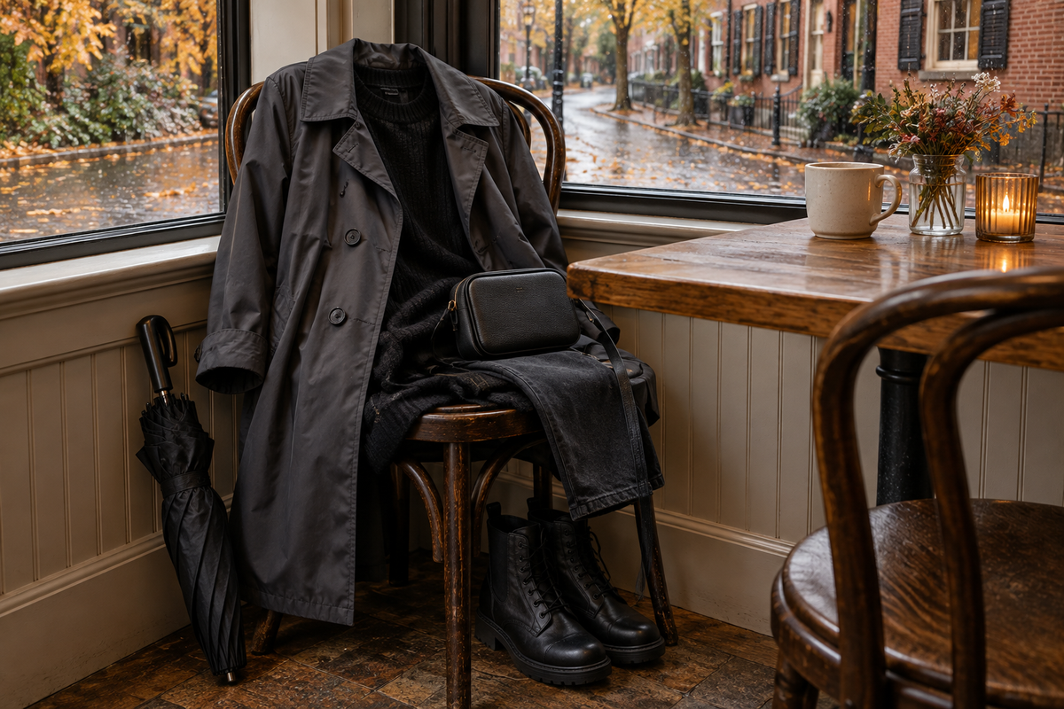 Dark layered walking outfit and umbrella beside a window on a rainy autumn street