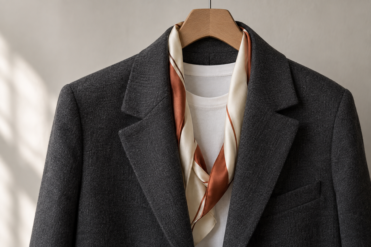 Light silk scarf arranged inside the lapels of a charcoal blazer over a white shirt