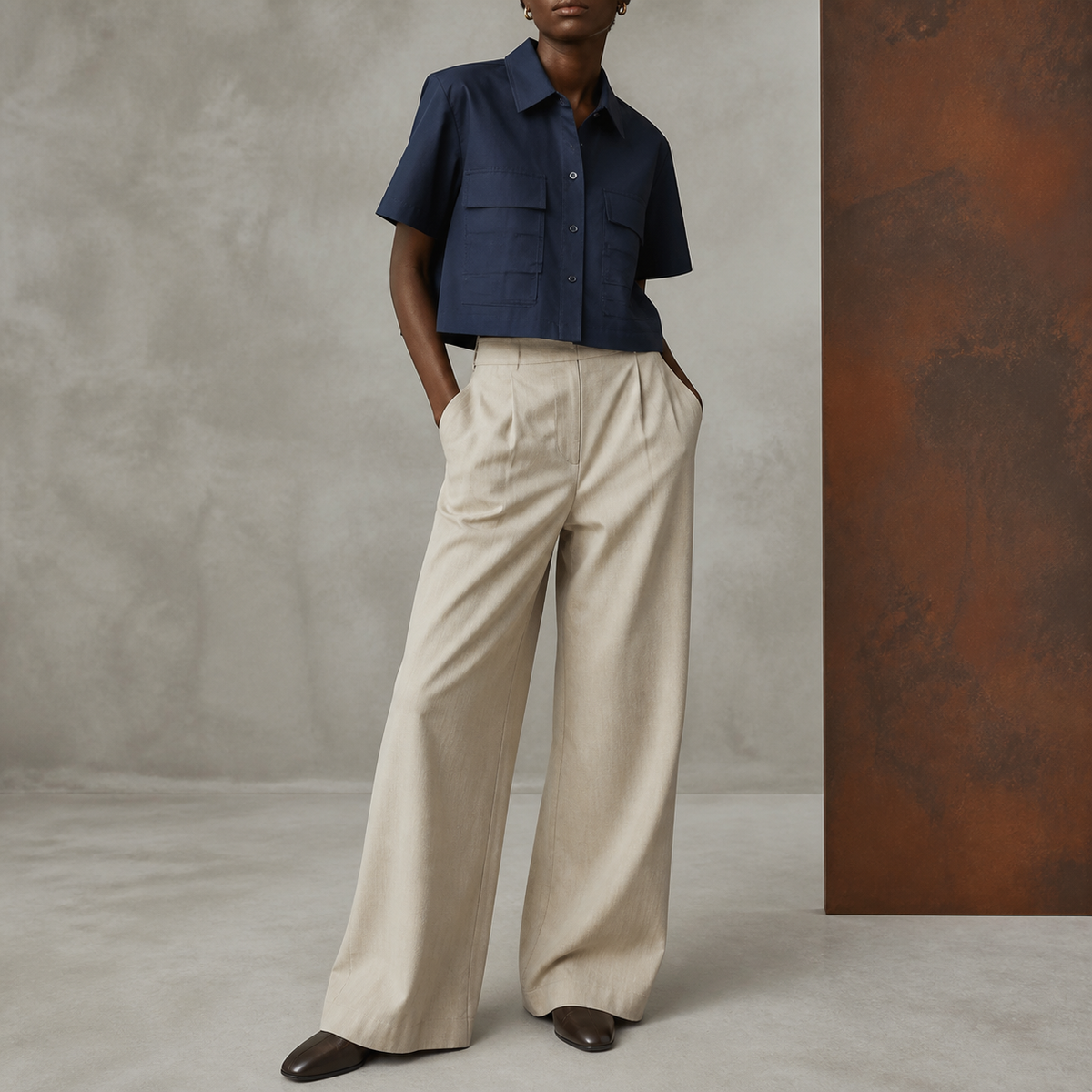 Soft Mark navy cropped shirt shown from the front