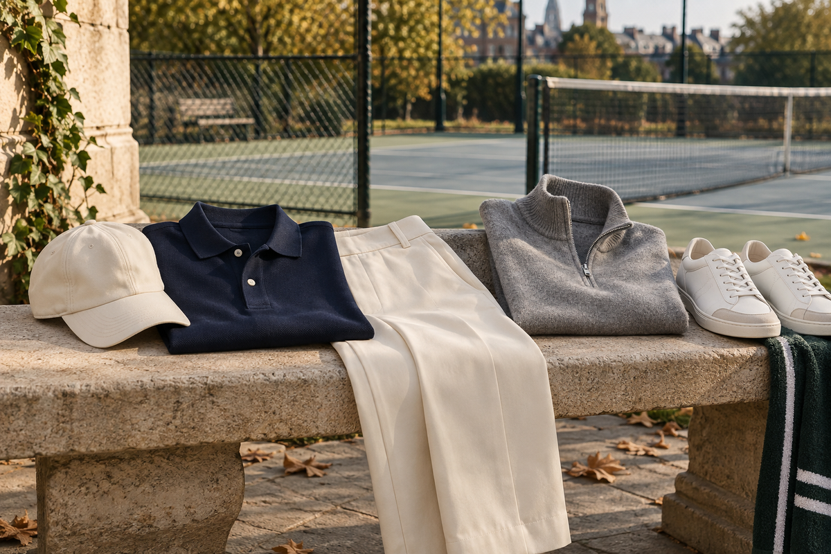Navy polo, cream trousers, grey knit, white sneakers and cap on a bench by a tennis court