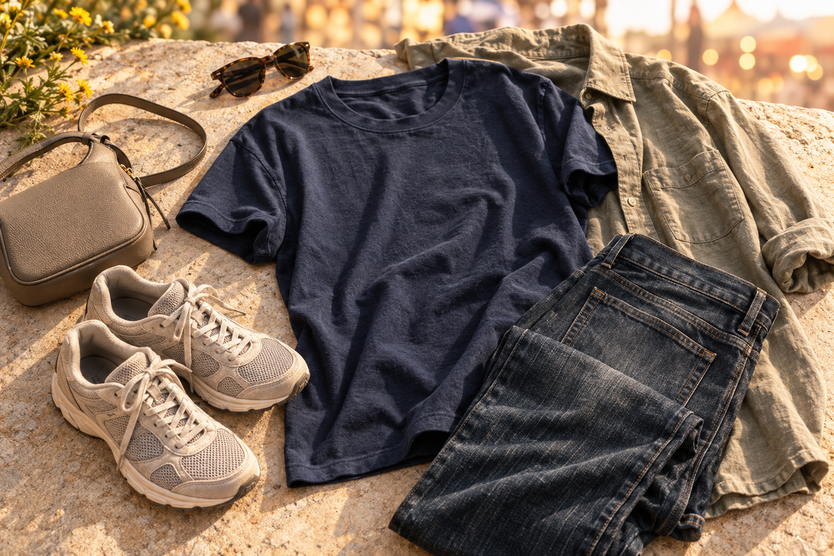 Navy tee, dark jeans, light overshirt, comfortable sneakers and small bag for a fair visit