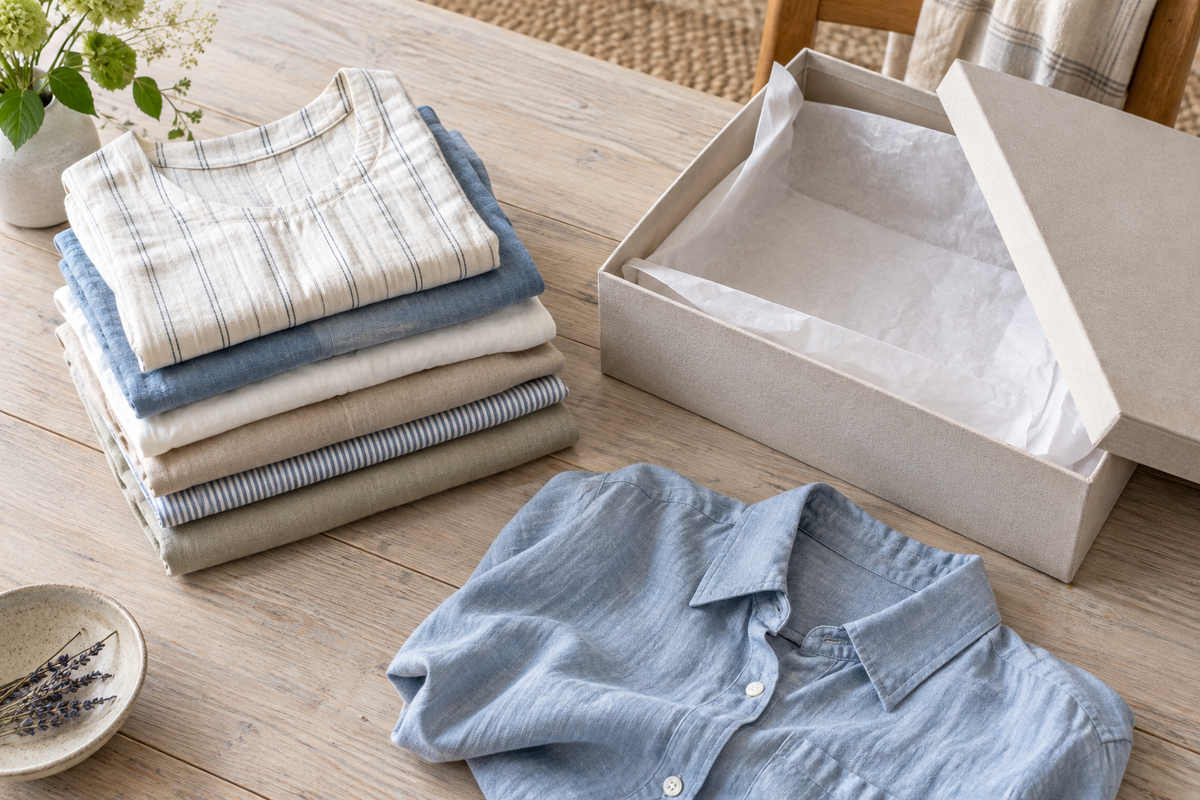 Folded summer clothes beside a lined storage box with one blue shirt left ready to wear