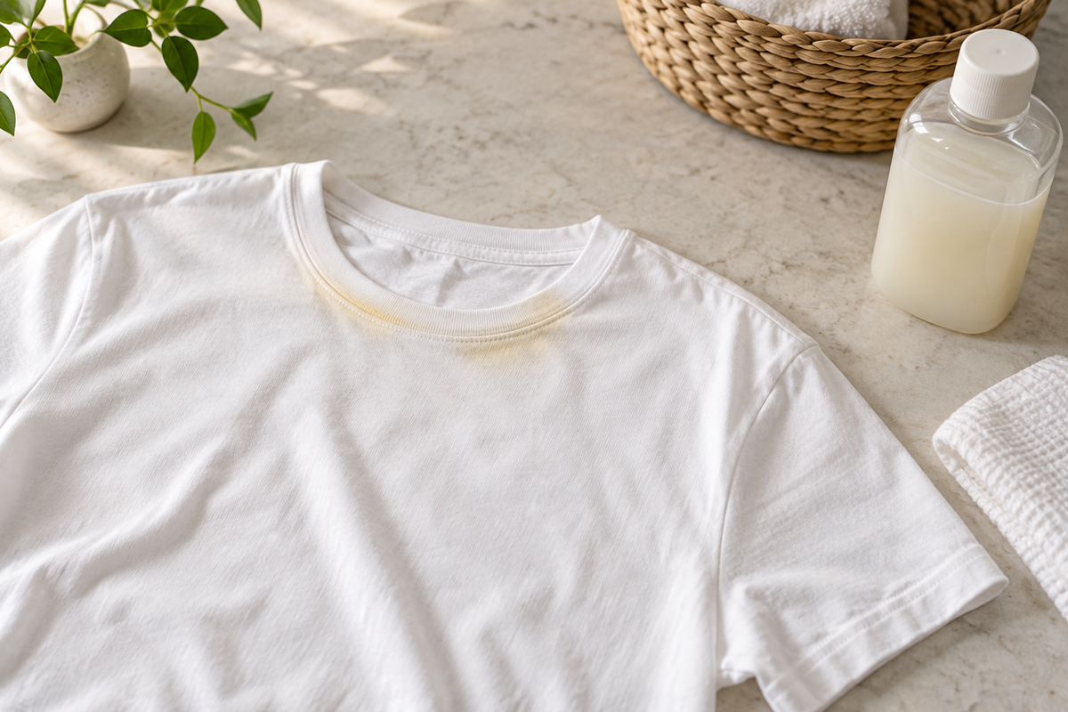 White cotton shirt with a faint sunscreen mark at the collar beside laundry detergent