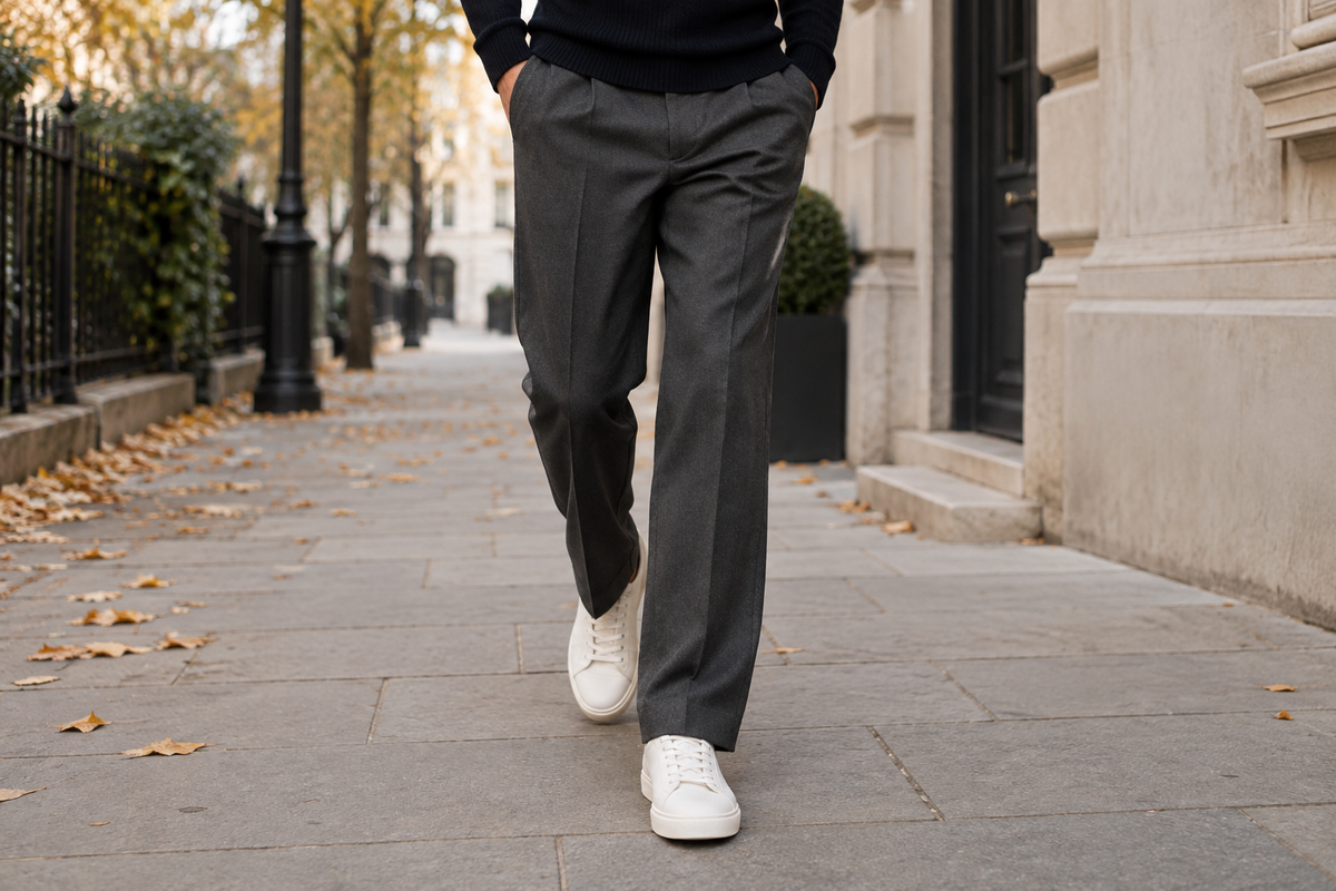 Charcoal tailored trousers falling neatly over simple white sneakers on a city pavement