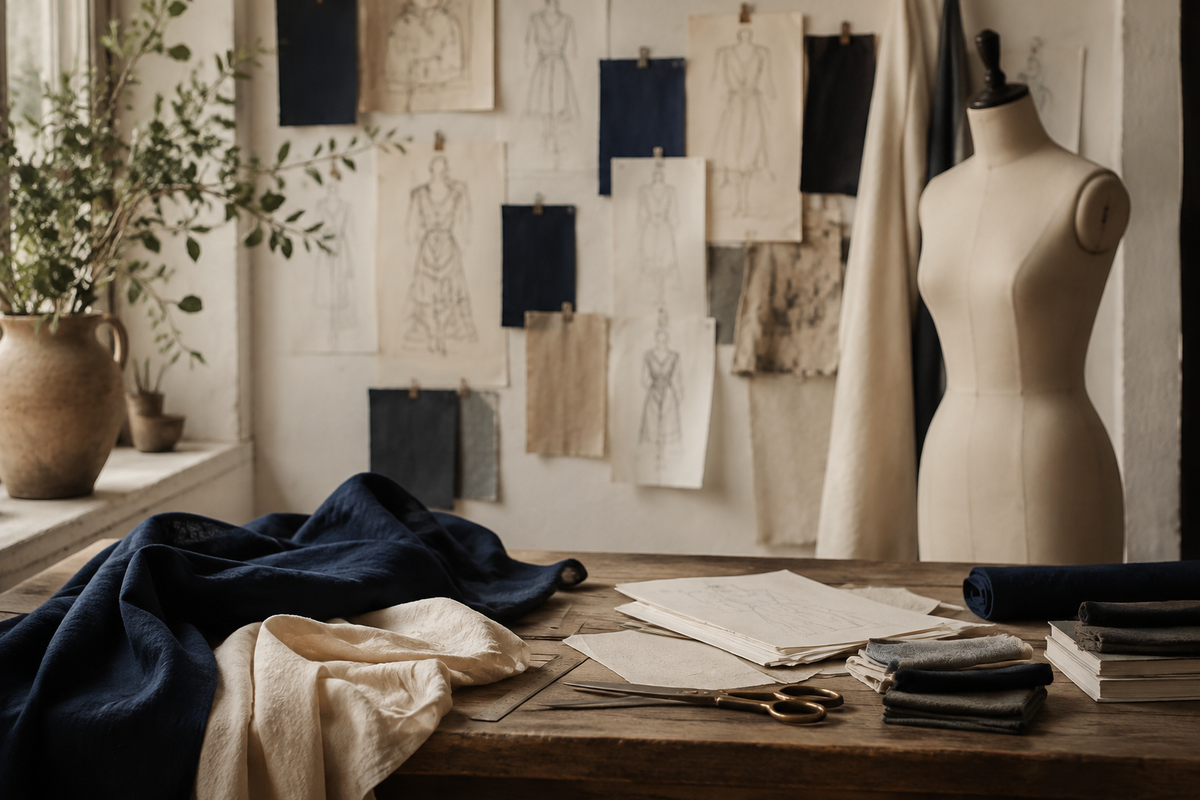 Warm daylight fashion studio with fabrics, sketches and a dress form