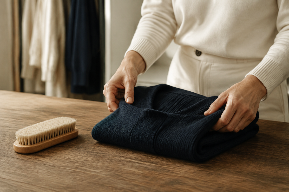 Hands carefully folding a deep navy knit garment