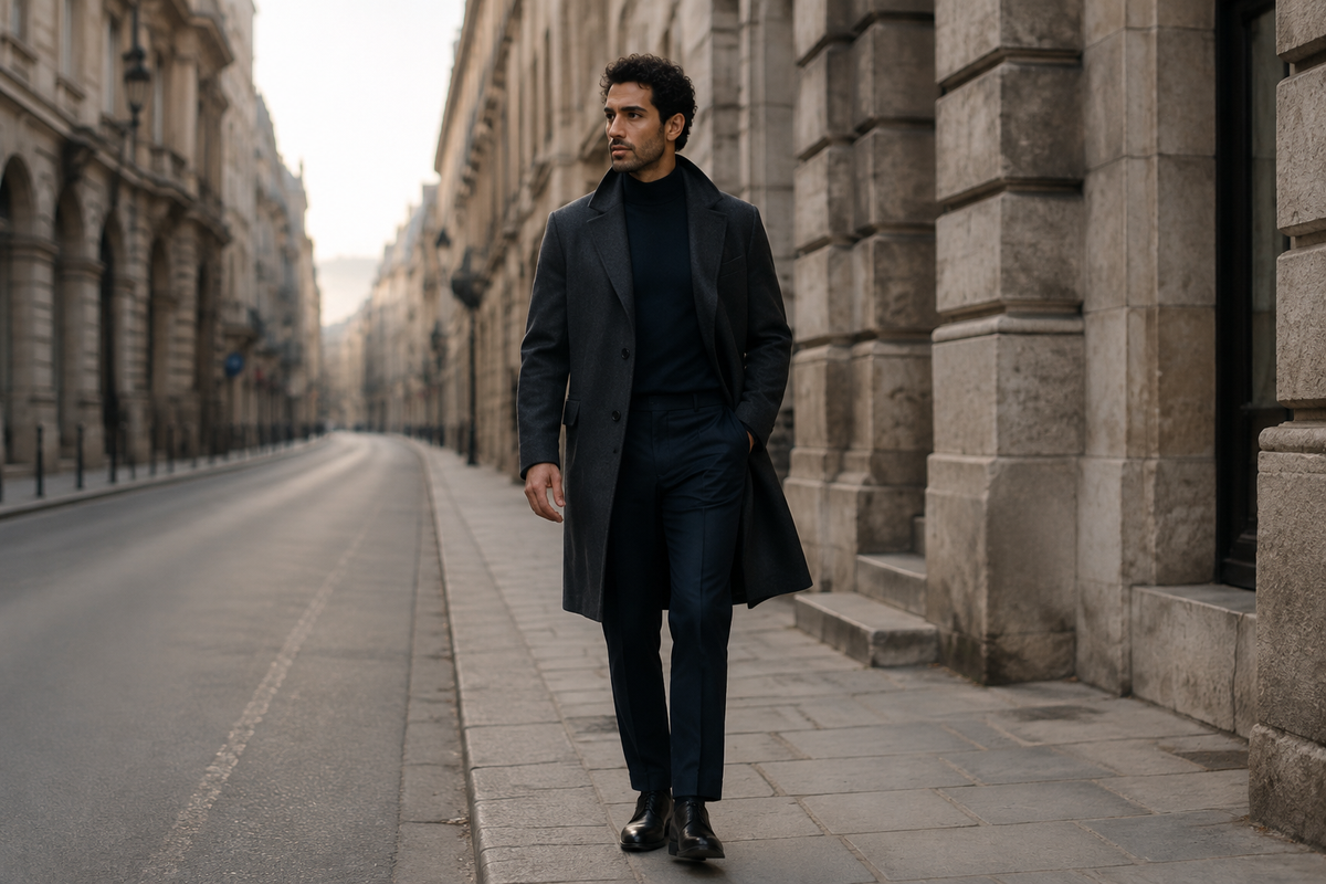 Man in refined dark tailoring walking through a quiet stone city street