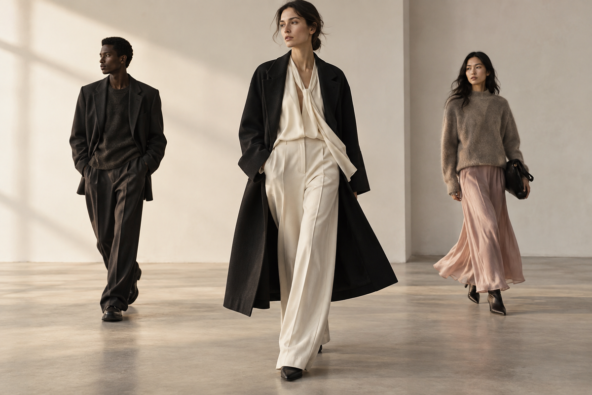 Conceptual image of three models in relaxed neutral tailoring, not a photograph of the H&M London Fashion Week show