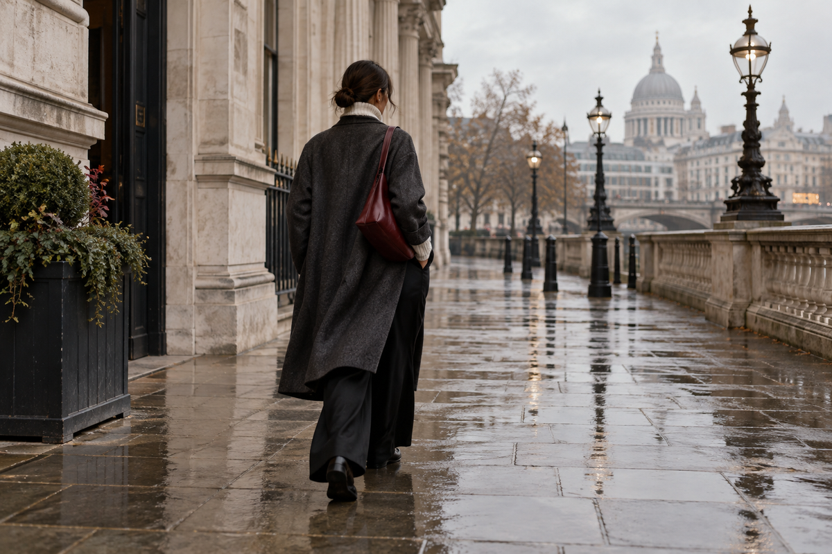 A fashion figure in relaxed charcoal tailoring walking through London after rain