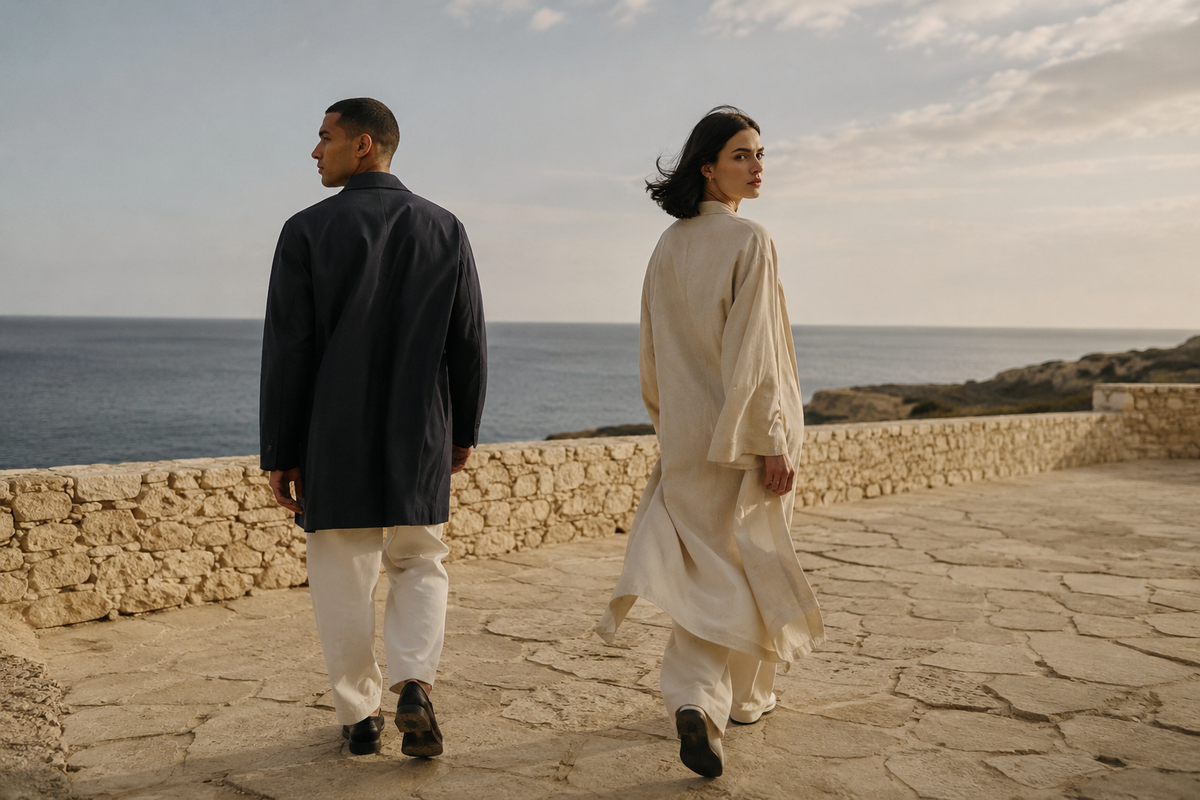 Two models walking beside the sea in refined neutral clothing