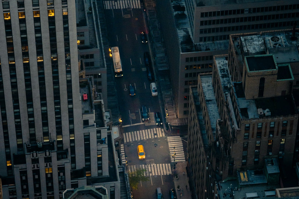 Aerial view of Manhattan streets at dusk during New York Fashion Week season