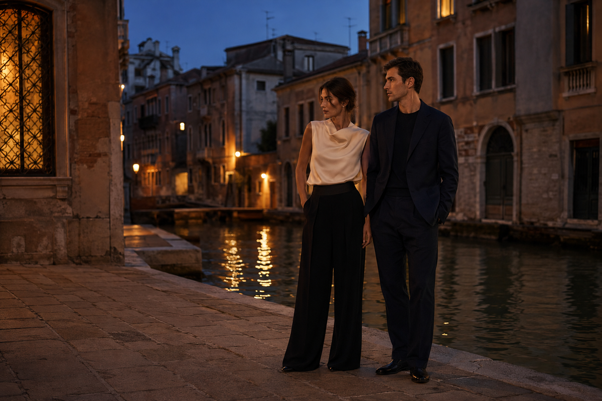 Elegant evening outfits beside a Venetian canal at blue hour