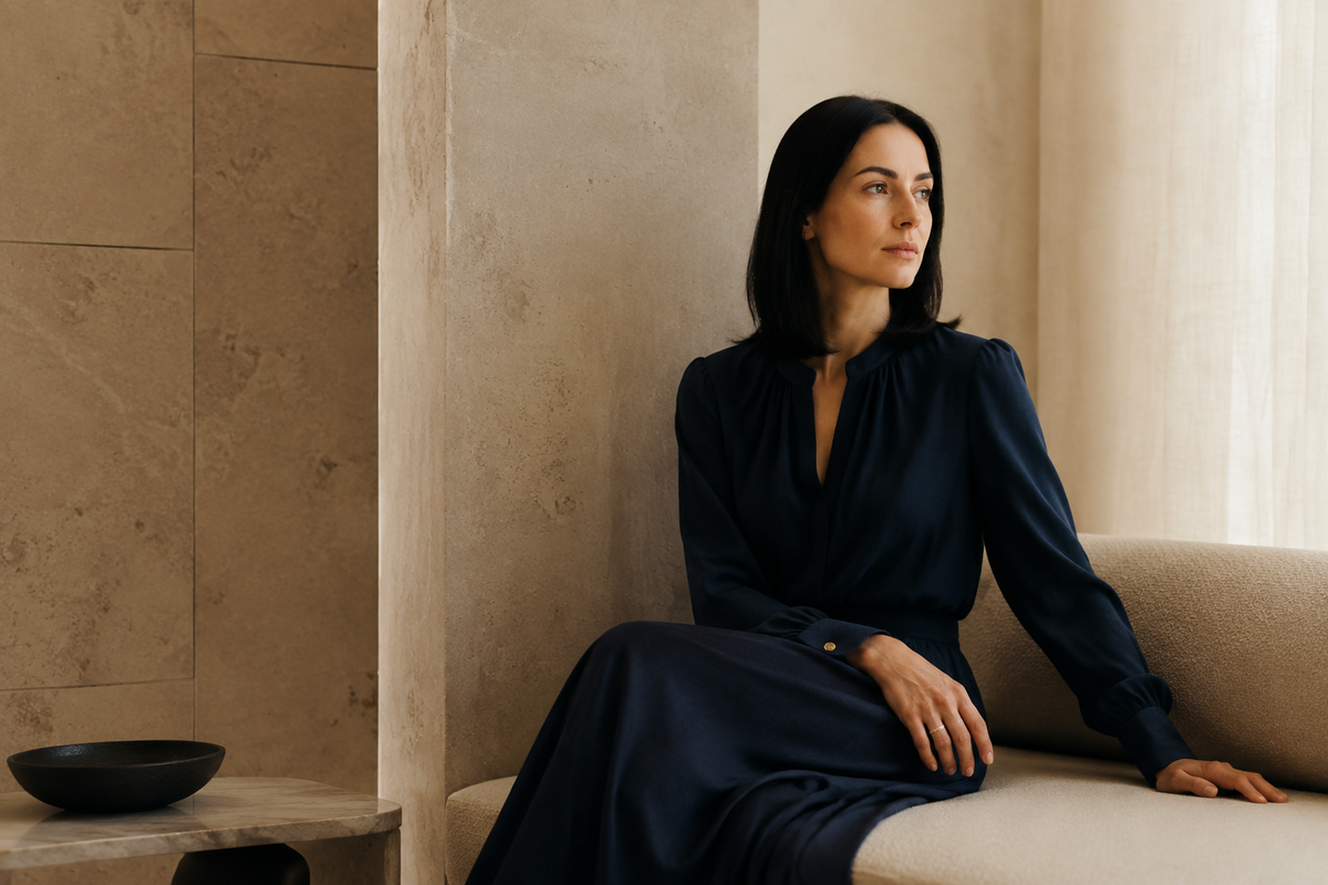 Woman in a deep navy outfit seated in a warm stone interior