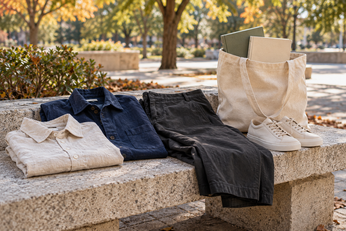 Cotton shirts, dark trousers, walking shoes and a canvas book tote on a stone bench