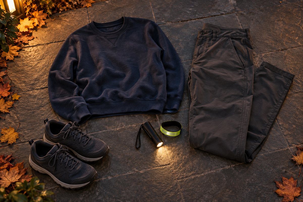 Navy sweatshirt, trousers, walking shoes, reflective band and flashlight for an evening walk