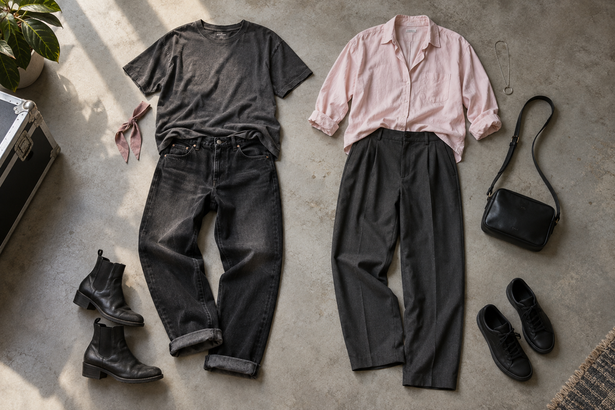 Charcoal tee and denim beside a pale pink shirt and dark trousers for an arena concert