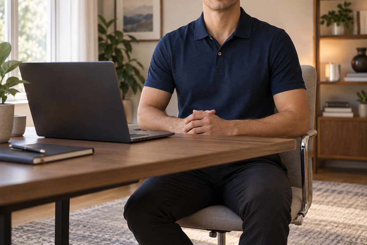 Navy polo and dark trousers worn at a desk for a video interview in soft daylight