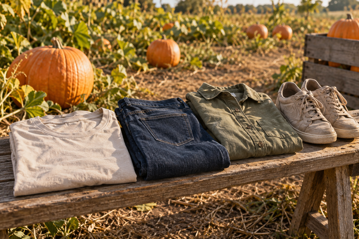 Light cotton shirt, dark jeans, olive overshirt and sturdy sneakers at a sunny pumpkin patch