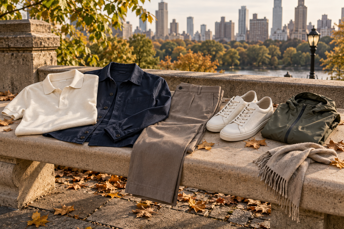 Light layers arranged for mild 60 degree weather in an autumn city park