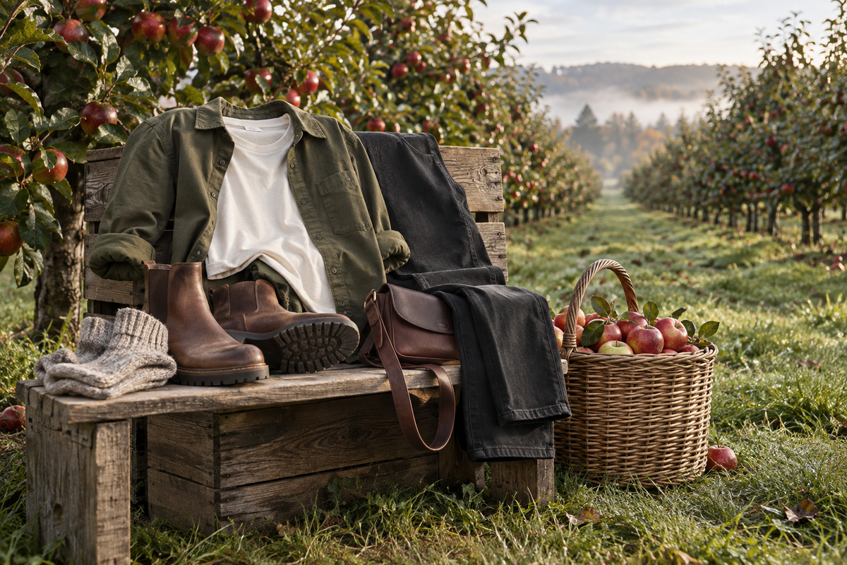 Apple picking outfit with an olive overshirt, cream tee, dark trousers, brown boots and a compact bag in an orchard