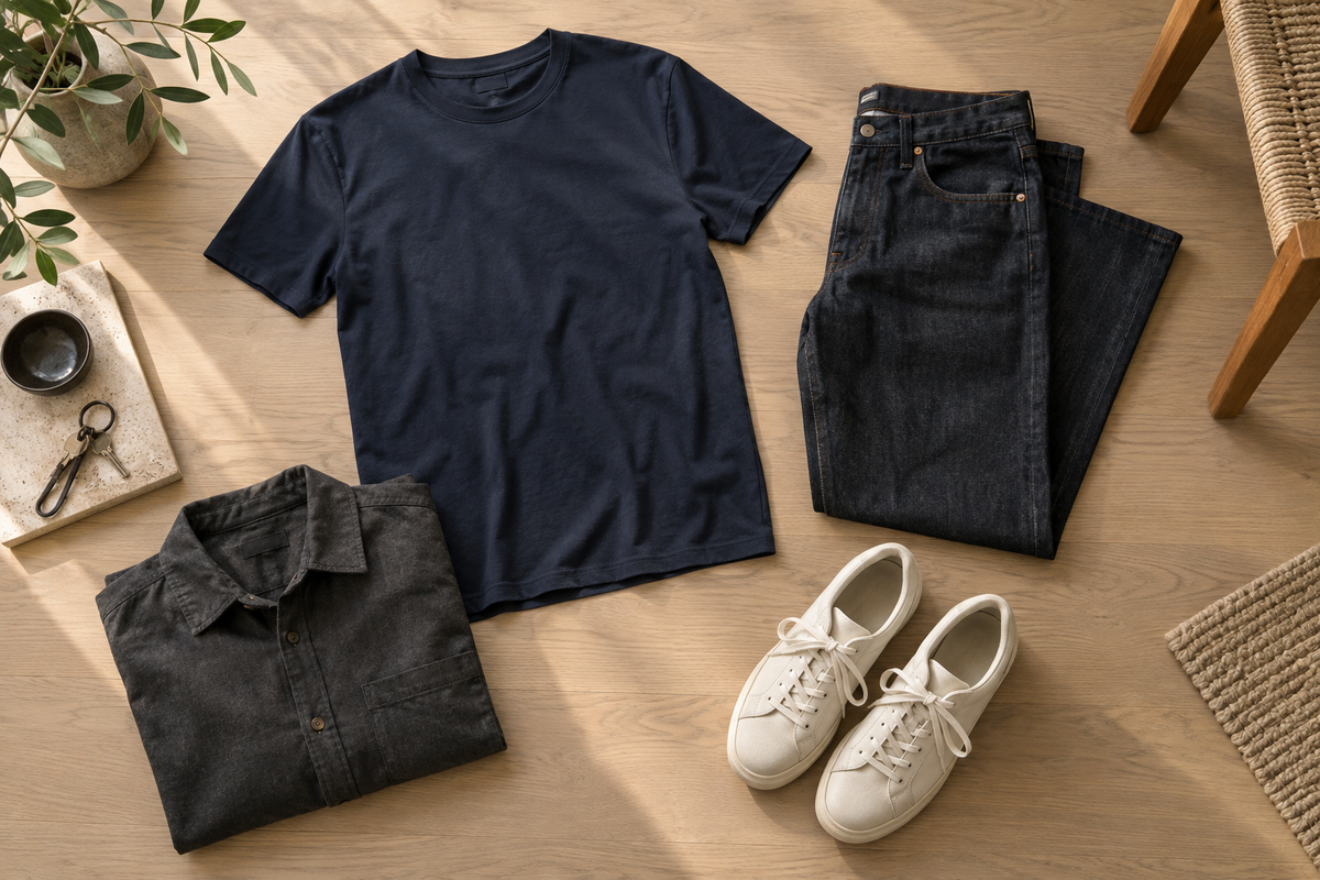 Navy T shirt, dark jeans, charcoal overshirt and cream lace up sneakers arranged on pale wood