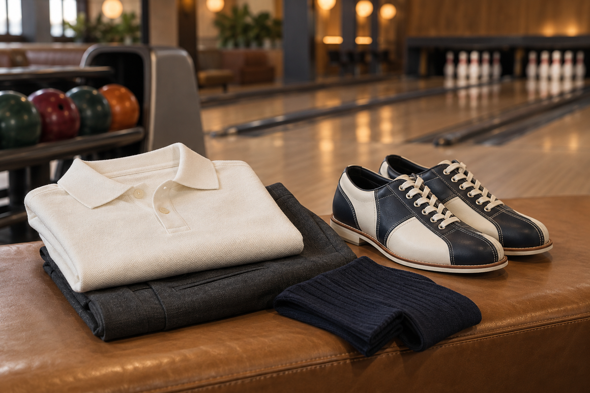 Ivory polo, charcoal trousers, navy socks and two tone bowling shoes on a bench