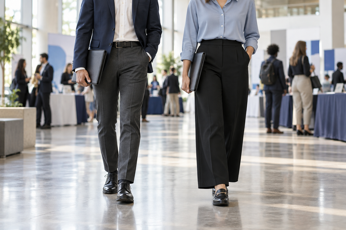 Two attendees in polished business casual outfits walking through a university career fair