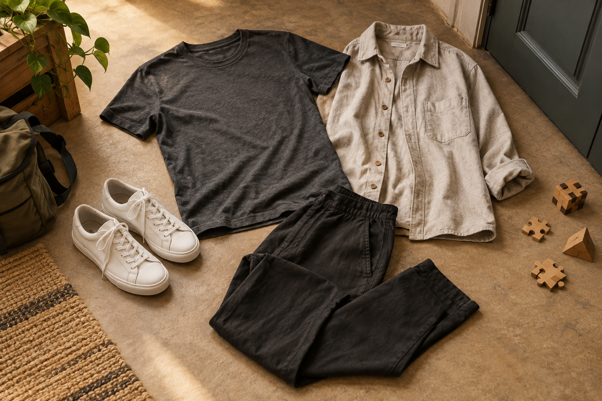 Comfortable dark trousers, a charcoal T shirt, light overshirt and white sneakers arranged for an indoor game
