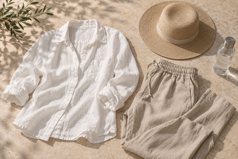 Light cotton shirt, sand trousers, sun hat and water bottle arranged in shade